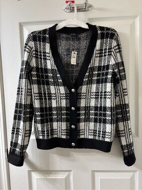 Talbots Plaid Cardigan Black White Button Up Front Classic Preppy Size S NWT